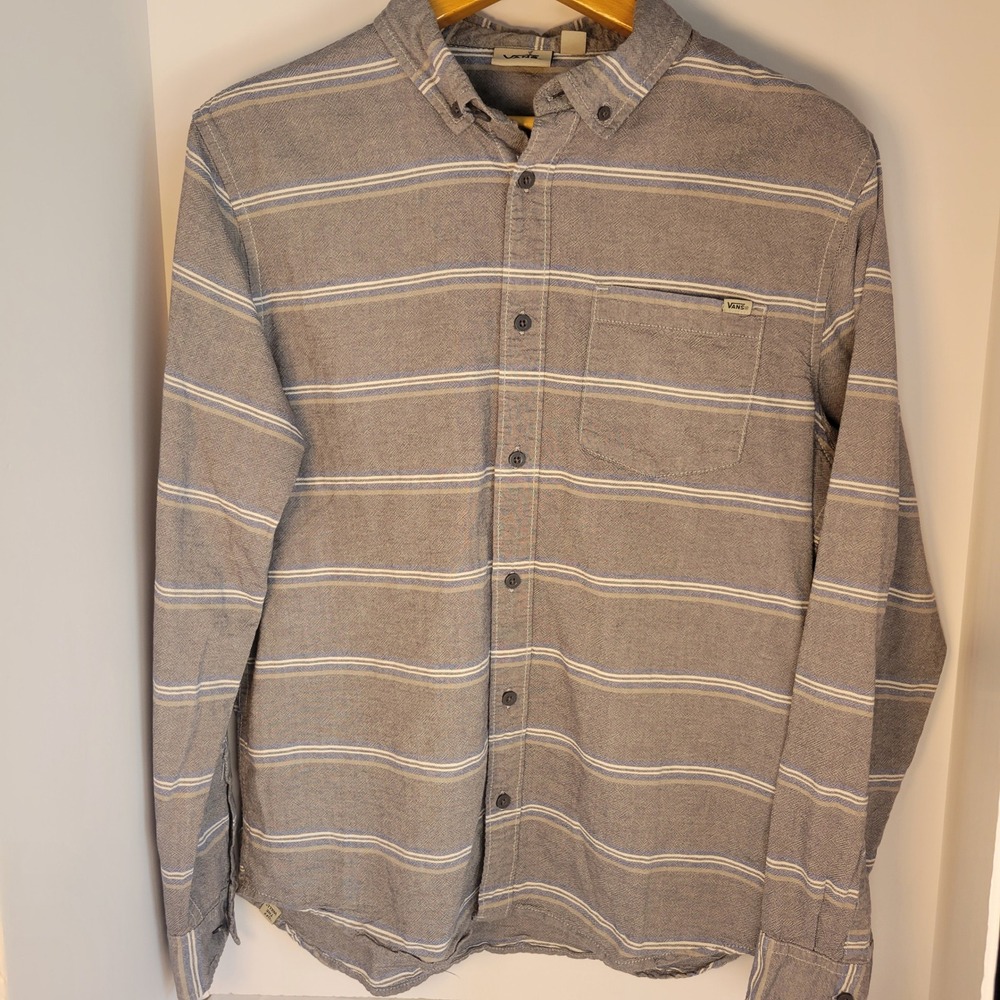 Vans Off The Wall Mens Medium Grey Striped Long Sleeve Button Down Shirt